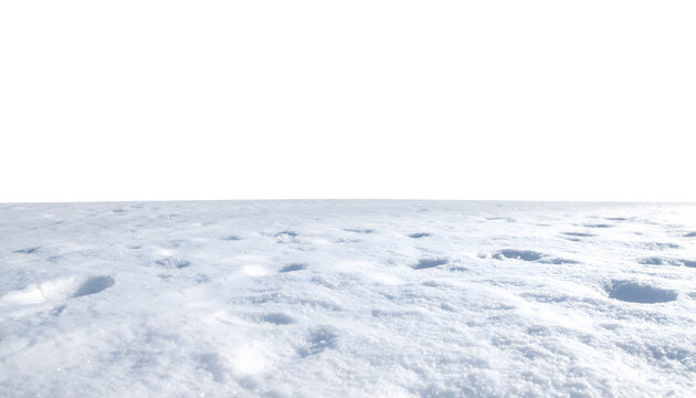 Fresh white snow field ground surface with deep footprints texture for winter season background isolated on transparent background