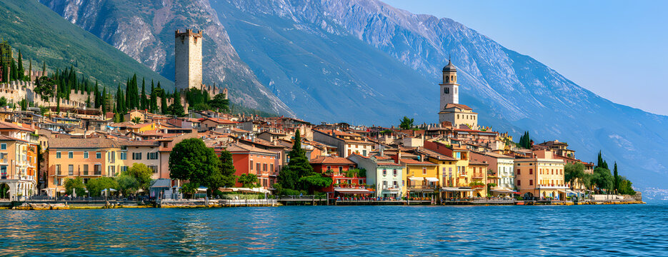 The view of Malcesine from the lake shore in Italy