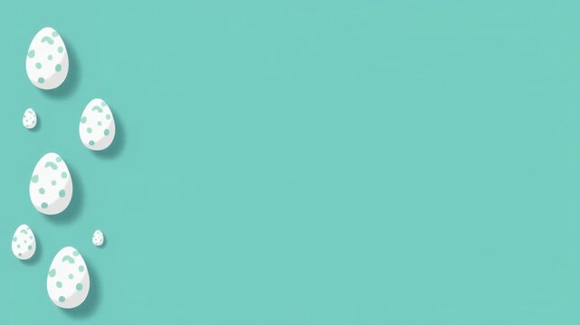 Easter eggs with speckled patterns arranged on a solid light blue background.