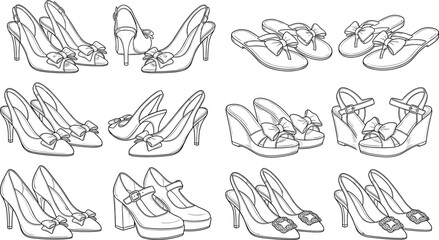 Obraz premium Women fashion shoes and footwear technical flat sketch collection set for design manufacturing template