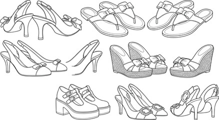 Obraz premium Women footwear fashion shoes technical flat sketch collection set for design manufacturing template