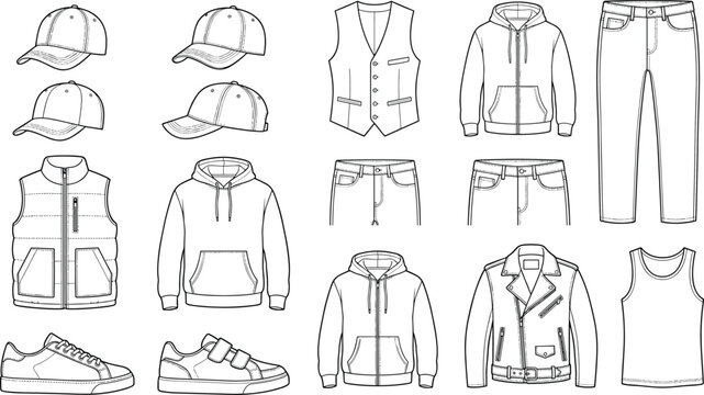 Clothing and fashion apparel technical outline sketches collection set for manufacturing design template