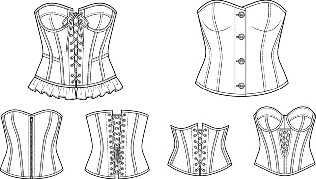 Women corset and bustier technical flat sketch collection set for fashion design template