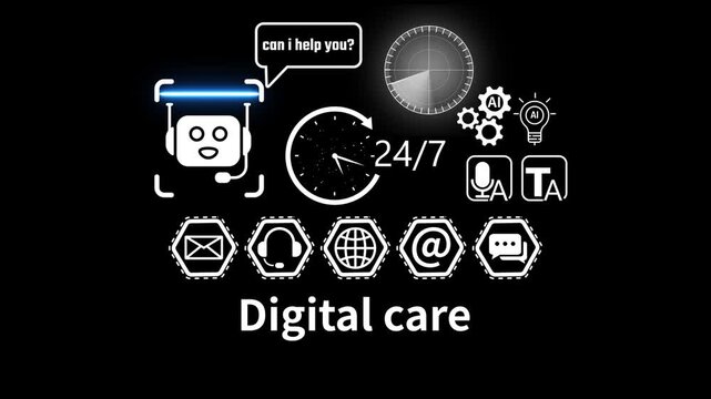 digital care With Global Communication Icons And 24 7 Clock and Radar scanning . address, live chat, man) 4k video animation