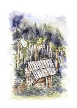 Watercolor painting of the landscape with wooden house in the dark forest. Romantic and sullen illustration of wonderful piece of woods. For art prints, posters, cards