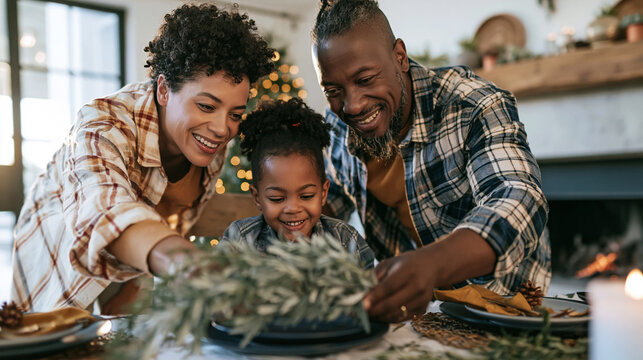 Black family preparing festive table at home, parents and child decorating, sharing holiday cheer and togetherness feeling
