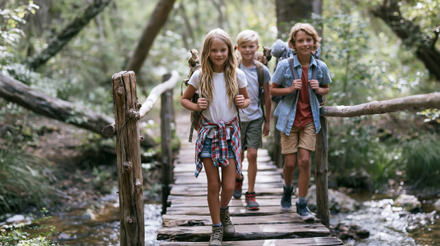 Children hiking carrying backpacks, walking across a wooden bridge during a summer adventure in the forest