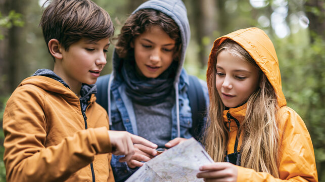 Kids friends teamwork reading map and orienteering on adventure trip in forest, exploring nature together on hike