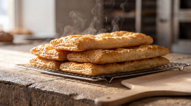 Stacked Moldovan Placinte Cooling on Rack in Artisan Bakery Light