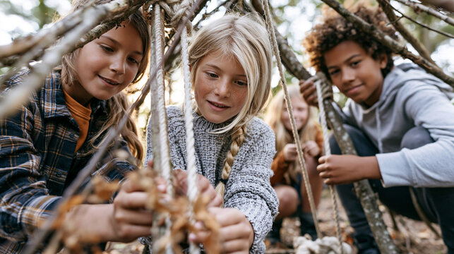 Children building a wood den in the forest, learning teamwork and friendship while playing outdoors
