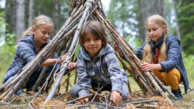Children building a stick fort together outdoors, enjoying creative play and teamwork in nature