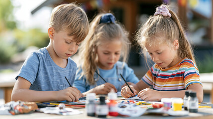 Obraz premium Young children engrossed in an outdoor painting activity, expressing creativity and concentration while learning artistic skills