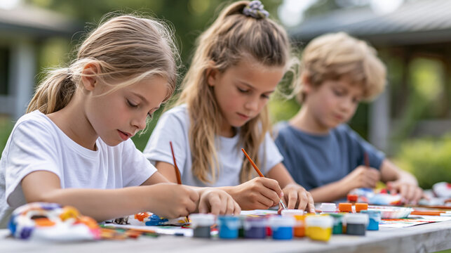 Children painting masks and artworks together at an outdoor art class, fostering creativity and learning