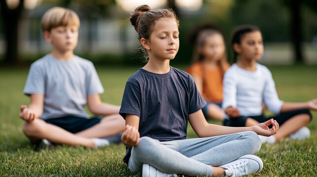 Group of children meditating outdoors, practicing mindfulness and yoga for stress relief and mental wellness