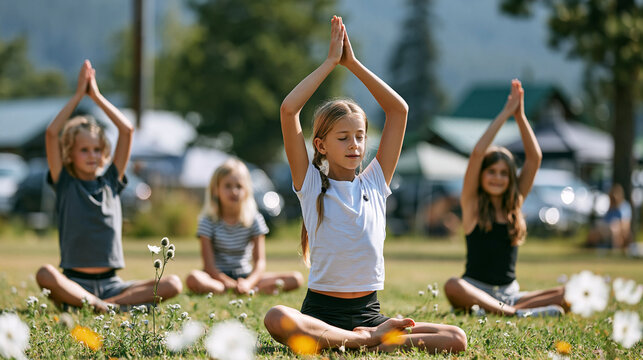 Young girls practicing yoga pose outdoors, finding inner balance and mindfulness in nature