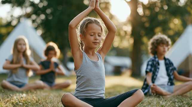 Young children practicing yoga and meditation outdoors at summer camp, finding peace and mindfulness in nature