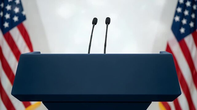 A blue political podium featuring two microphones placed perfectly for a formal public speech with blurry united states flags hanging in the background behind the stand