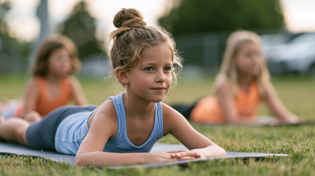 Young girl concentrating during outdoor yoga class, practicing wellness and mindful exercise with children in a park