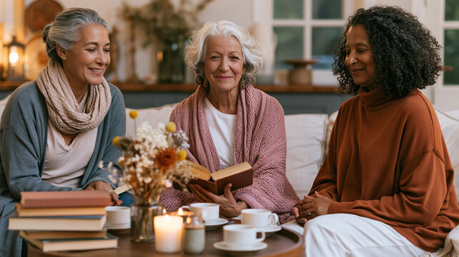 Diverse senior women friends enjoying an engaging book club meeting, reading and bonding over cups of tea at home