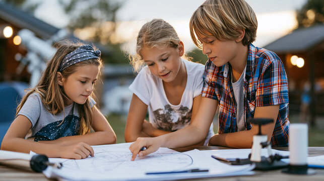 Three children studying a celestial map while engaging in a science project about space and stars