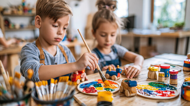 Children painting wooden toys in art class, developing creativity and focus during a fun workshop activity