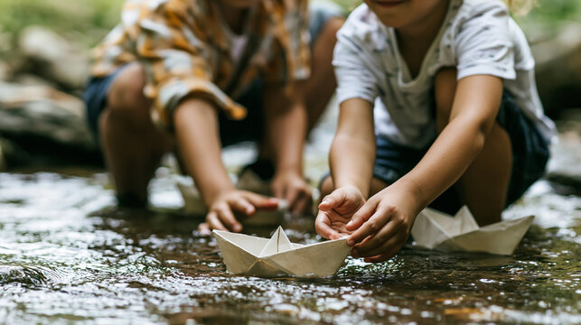Children playing outdoors, launching paper boats in a flowing stream, enjoying a fun summer day and childhood freedom
