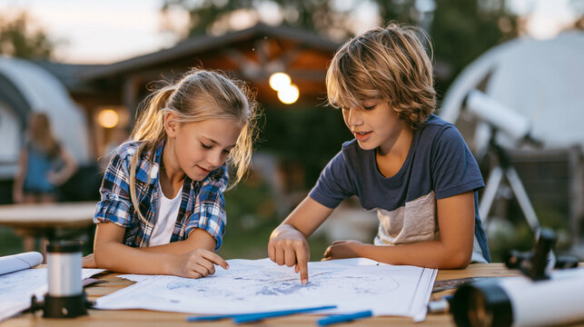 Young children exploring astronomy chart outdoors, learning about stars and cosmos with telescope nearby