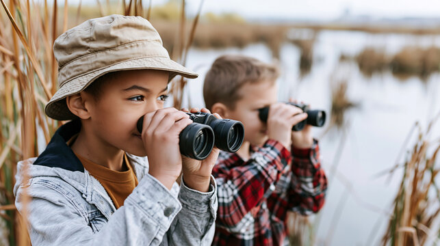 Young boys exploring nature with binoculars, discovering wildlife, learning about ecology and environmental protection