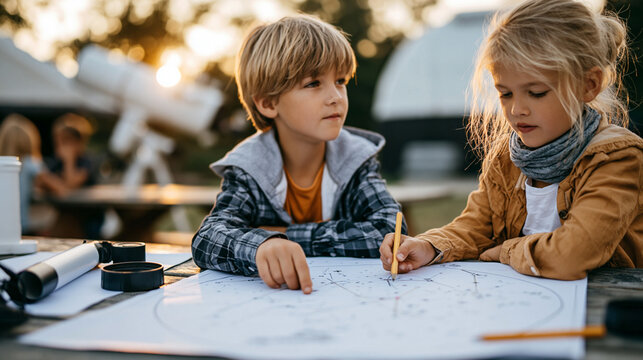 Children learning astronomy pointing at a star chart outdoors, exploring space science education