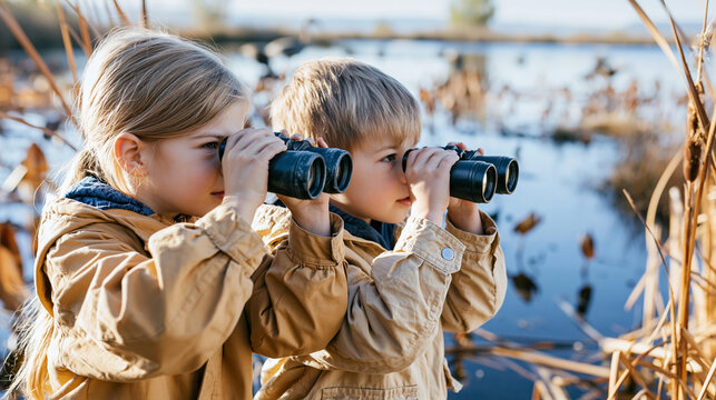 Children looking through binoculars, enjoying outdoor activity, learning about nature and ecology in a natural habitat