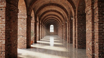 Fototapeta premium Brick corridor displays a series of elegant arched vaults and high ceilings that create a classic architectural perspective.