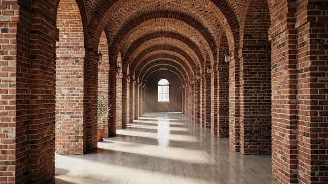 Brick corridor displays a series of elegant arched vaults and high ceilings that create a classic architectural perspective.