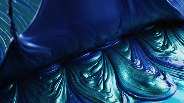 Macro view of thick metallic blue and teal paint creating viscous liquid waves. Deep sapphire and turquoise pigments merge with pearlescent sheen and detailed rippled texture.
