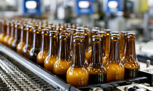 A line of brown glass beer bottles at the brewery factory