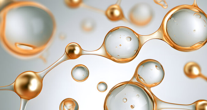 Science background with gold molecules and clear collagen peptide serum drops. Bio cosmetic lab skincare product. Natural oil liquid essence for face, skin, and hair. 3D illustration