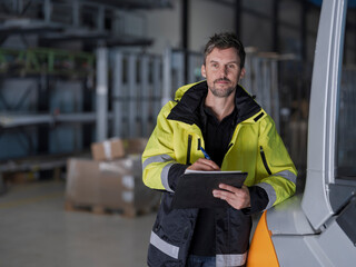 Fototapeta premium Hi-vis warehouse worker records details on a clipboard beside a forklift, calm and neutral with open floor to the side.