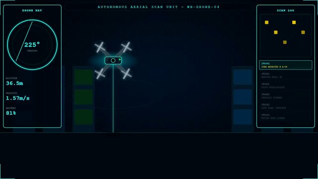 Dark warehouse robotics operating within a futuristic digital interface showing navigation telemetry data and flight path monitoring while the automated machine scans the empty logistics storage area
