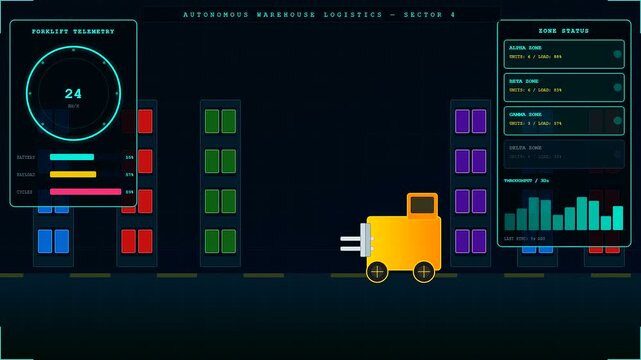 Autonomous dark warehouse robotics systems monitor inventory flow across a simulated logistics facility showing digital telemetry data readouts and small yellow machinery operating on dark floors