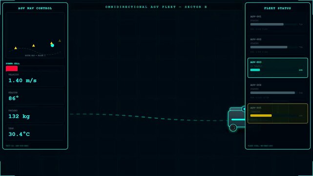 Digital displays showing dark warehouse robotics monitoring systems with moving autonomous cargo platforms on a glowing grid interface in a modern industrial logistics facility environment