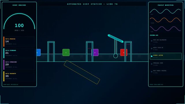 dark warehouse robotics systems track various geometric shapes moving across a digitized conveyor assembly line while glowing status meters display shifting performance data with neon blue graphics