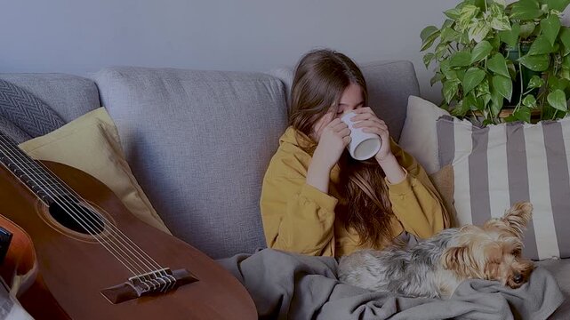 Horizontal footage of a cute girl enjoying with her pet in the living room. Free lifestyle concept. Moments of calm and happiness. Puppy lovers. 