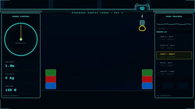 A blue dark warehouse robotics interface monitors lifting operations in a digital industrial bay displaying moving machinery metrics on glowing screens inside a modern control room