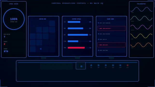 A sophisticated dark warehouse robotics digital interface displays live telemetry data metrics and system vitals on glowing neon blue panels across a triple monitor command setup
