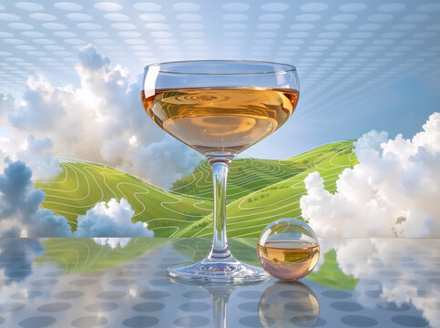 Surreal landscape with a glass of golden liquid and a transparent sphere. Abstract background with rolling green hills, topographic lines, and fluffy clouds over a reflective dotted surface