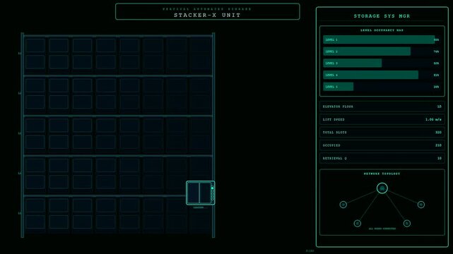 Dark warehouse robotics interface displaying automated storage unit metrics and dynamic shelf grid maps showing real time logistical system tracking data for industrial inventory management processes