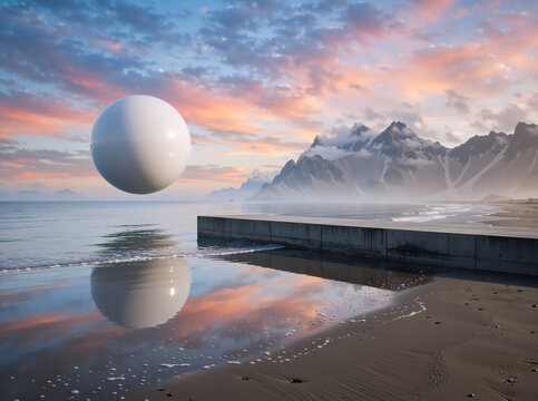 White sphere hovering over a sandy beach at sunset. Surreal landscape with concrete pier, dramatic mountain peaks, and colorful sky reflected in the shallow water