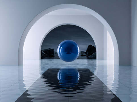 Glossy blue sphere hovering over a tiled pool in a white arched tunnel. Surreal minimalist interior with a view of a dark seascape and jagged rocks under a moody sky
