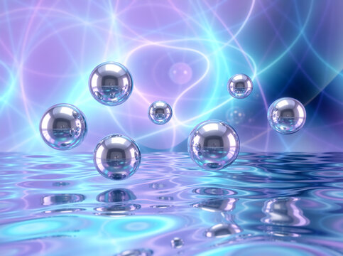 Abstract 3D background with floating metallic spheres over rippled liquid. Futuristic neon light design with chrome balls and water reflection