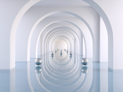 Minimalist white architectural corridor with repeating arches over water. Abstract 3D interior with floating metallic spheres and liquid reflection