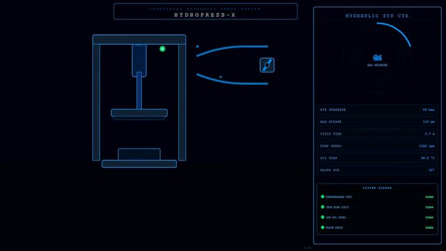 Dark warehouse robotics interface showing real time data monitoring metrics in a glowing digital console display for remote industrial equipment management of factory press systems